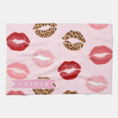 Personalized Chic Pink Leopart Print Lip Pattern Theedoek (Horizontaal)