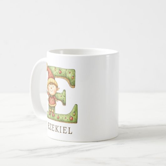 Personalized Christmas Elf Initial E Monogram Koffiemok (Voorkant links)