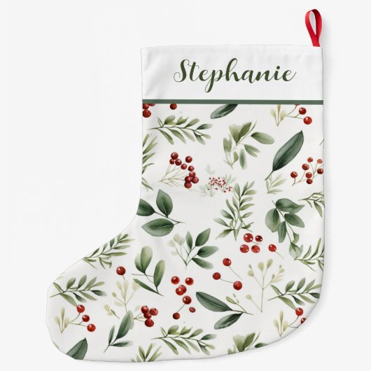 Personalized Christmas Greenery & Red Berries Grote Kerstsok (Achterkant)