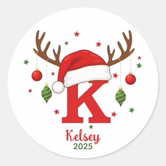 Personalized Christmas Monogram K Santa Hat Ronde Sticker (Voorkant)