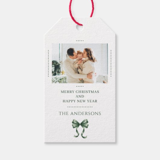 Personalized Christmas Photo Green Bow Modern Cadeaulabel (Voorkant)