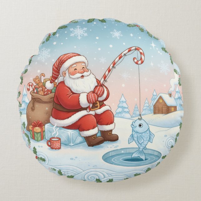Personalized Christmas Santa Ice Fishing   Rond Kussen (Voorkant)