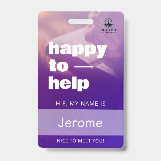 Personalized Church Volunteer Here to Help Name Badge (Voorkant)