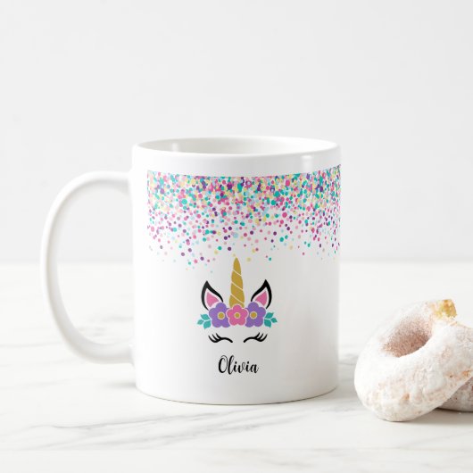 Personalized Confetti Unicorn Mug – Polka Dot mug (Avec donut)