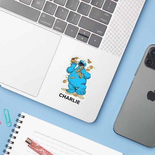 Personalized Cookie Monster Crazy Cookies Sticker (Laptop met iPhone)