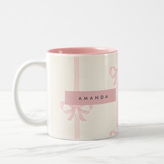 Personalized Coquette Blush Pink Bow Ribbon  Tweekleurige Koffiemok (Links)