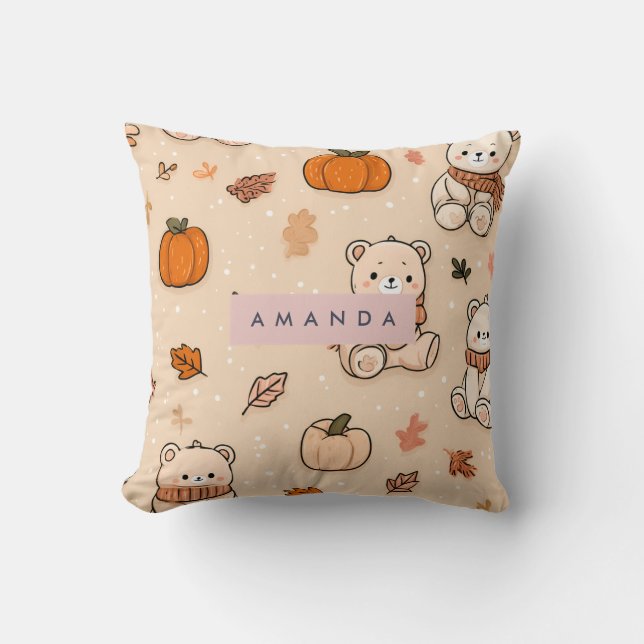 Personalized Cozy Fall Autumn Pumpkin & Teddy Bear Kussen (Voorkant)