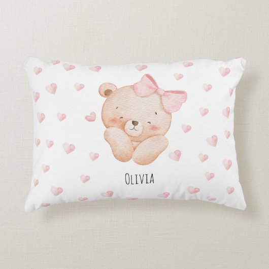 Personalized Cute Bear with pink Hearts Accent Kussen (Voorkant)
