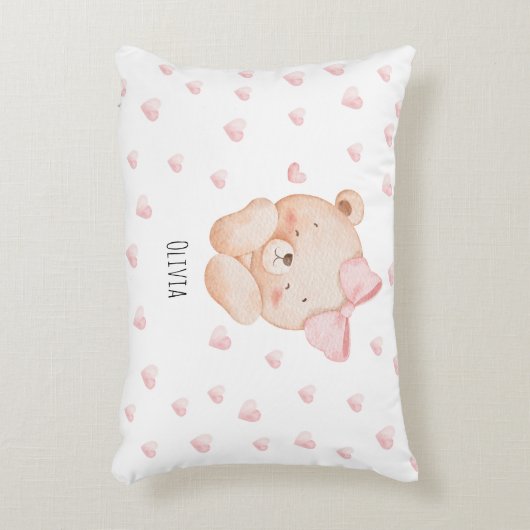 Personalized Cute Bear with pink Hearts Accent Kussen (Voorkant(Verticaal))