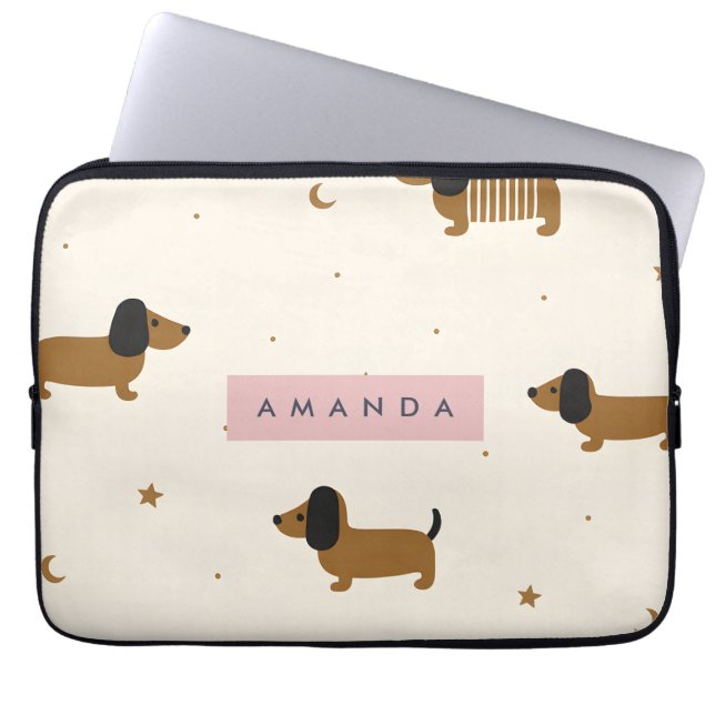 Personalized Cute Brown Dachshund Puppy Laptop Sleeve (Voorkant)