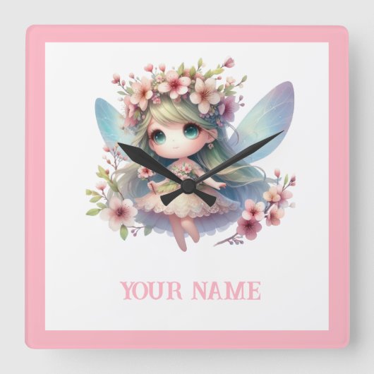 Personalized cute Fairy & Floral Wreath Vierkante Klok (Voorkant)