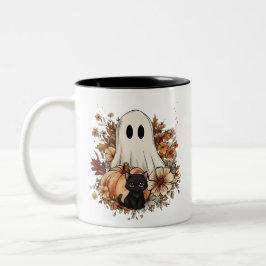 Personalized Cute Ghost and Black Cat Autumn Mug Tweekleurige Koffiemok