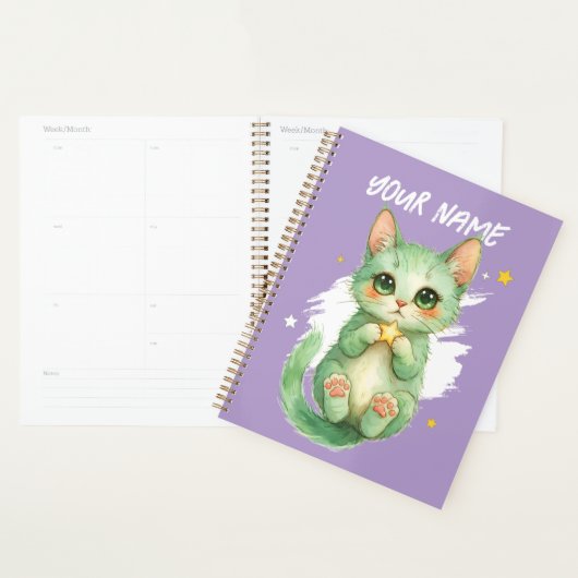 Personalized Cute Green Kitty Cat Planner (Display)