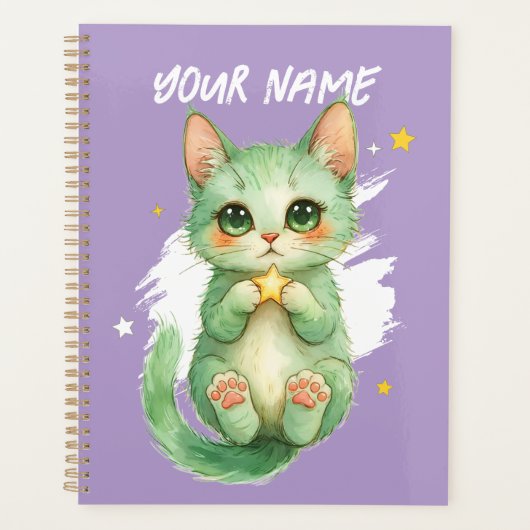 Personalized Cute Green Kitty Cat Planner (Voorkant)