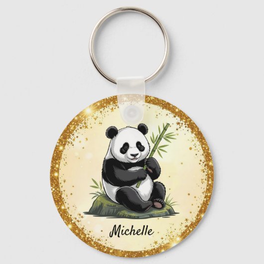 Personalized Cute Panda Bear Greenery Bamboo Gold  Sleutelhanger (Voorkant)