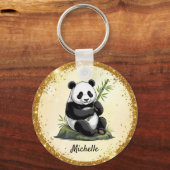 Personalized Cute Panda Bear Greenery Bamboo Gold  Sleutelhanger (Achterkant)