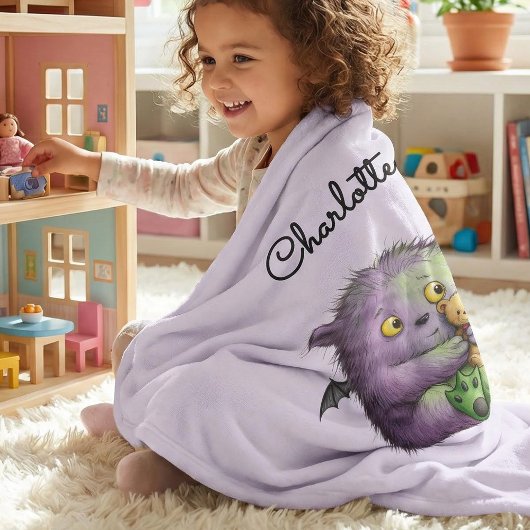 Personalized Cute Purple Green Fluffy Monster Kids Fleece Deken