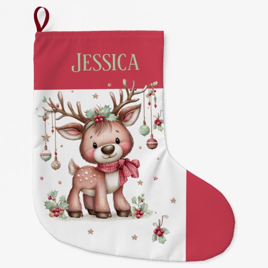 Personalized  Cute Reindeer  Grote Kerstsok (Voorkant)