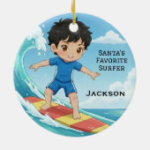 Personalized Cute Santa's Favorite Surfer Keramisch Ornament (Achterkant)