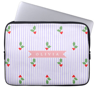 Personalized Cute Striped Holiday Christmas Holly  Laptop Sleeve