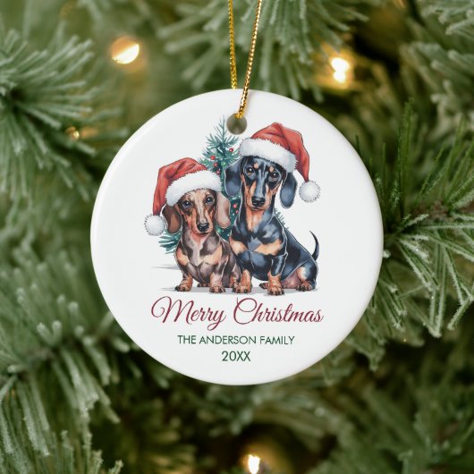Personalized Dachshund in Santa Hat Christmas Keramisch Ornament (Boom)
