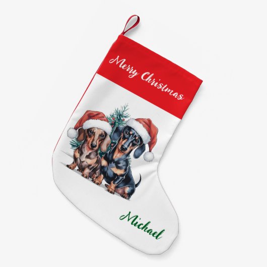 Personalized Dachshund in Santa Hat Christmas Kleine Kerstsok (Voorkant (Hangend))