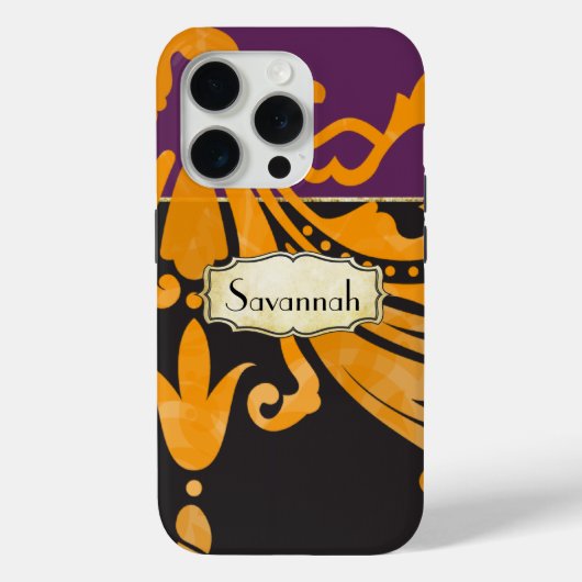 Personalized Damask Purple Yellow Gold Floral Case-Mate iPhone Case (Achterkant)