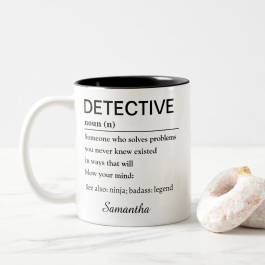 Personalized Detective Gift Funny Definition Tweekleurige Koffiemok (Met donut)