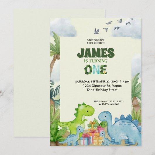 Personalized Dinosaur 1st Birthday Invitation (Devant / Derrière)