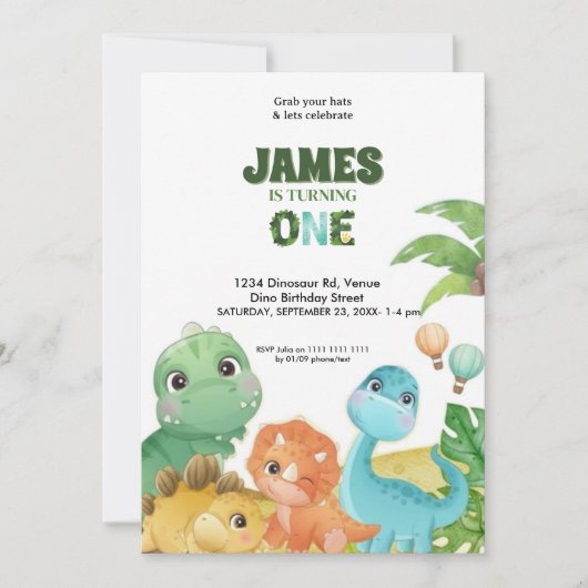 Personalized Dinosaur 1st Birthday Invitation (Devant)