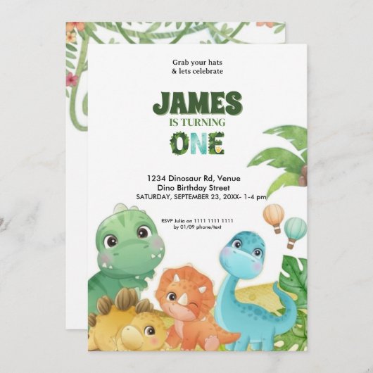 Personalized Dinosaur 1st Birthday Invitation (Devant / Derrière)