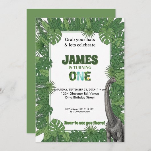 Personalized Dinosaur 1st Birthday Invitations (Devant / Derrière)