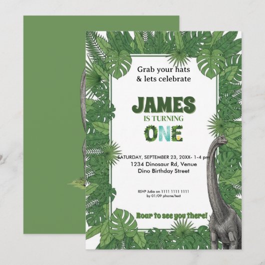 Personalized Dinosaur 1st Birthday Invitations Kaart (Voorkant / Achterkant)