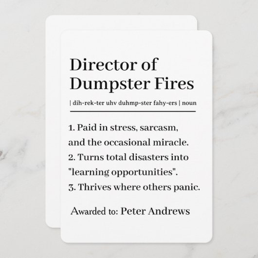 Personalized Director of Dumpster Fires Card Kaart (Voorkant / Achterkant)