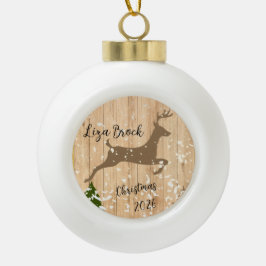 Personalized doe Christmas bauble wooden backgroun Keramische Bal Ornament