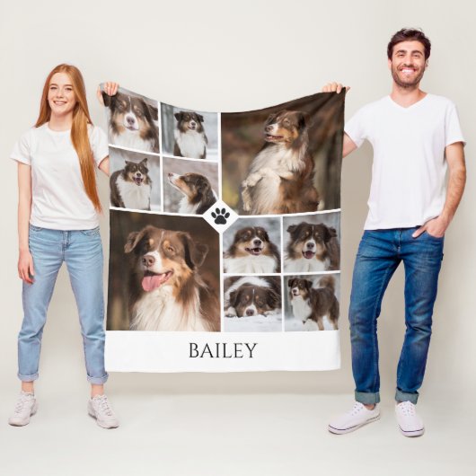 Personalized Dog Photo Collage Paw Print Name Fleece Deken (In situ)