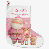 Personalized  Double Sided  Pink First Christmas Grote Kerstsok (Voorkant)