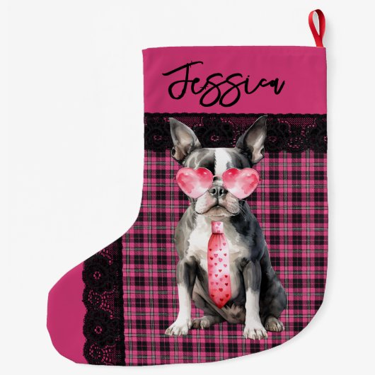 Personalized  Double sided Quirky Boston Terrier Grote Kerstsok (Achterkant)