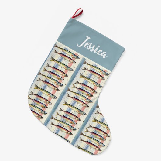 Personalized  Double Sided Quirky Sardine Design Grote Kerstsok (Voorkant (Hangend))