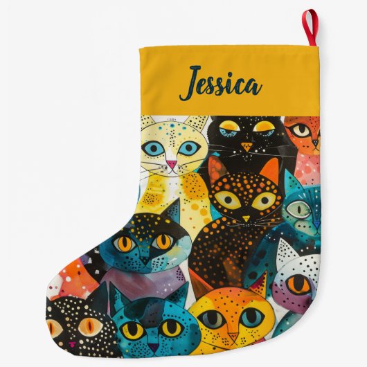 Personalized Double Sided Whimsical Cat Design Grote Kerstsok (Achterkant)