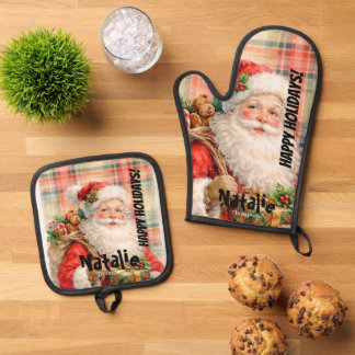 Personalized Dusty Santa Red tartan Merry Holidays Ovenwant & Pannenlap Set