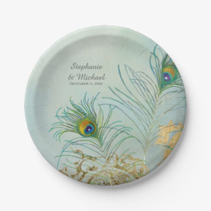 Personalized Elegant Peacock Feathers Gold Wedding Papieren Bordje
