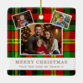 Personalized Family 3 Photo Green Plaid Christmas Keramisch Ornament (Achterkant)