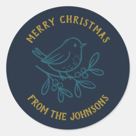 Personalized Family Name Merry Christmas Robin Ronde Sticker