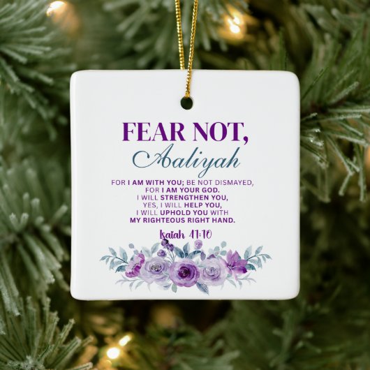 Personalized Fear Not Isaiah 41:10 Purple Floral Keramisch Ornament (Boom)