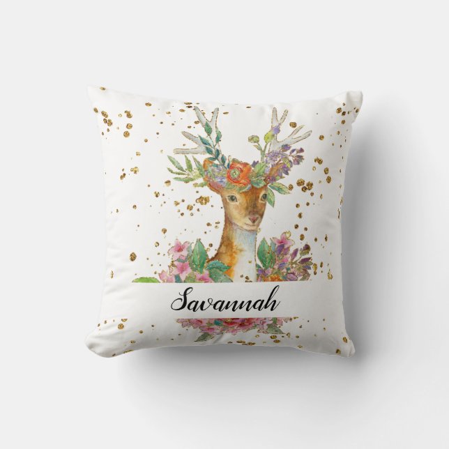 Personalized Floral Deer Kussen (Voorkant)