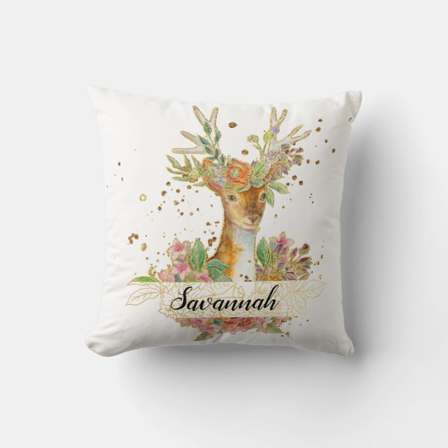 Personalized Floral Deer Kussen (Voorkant)