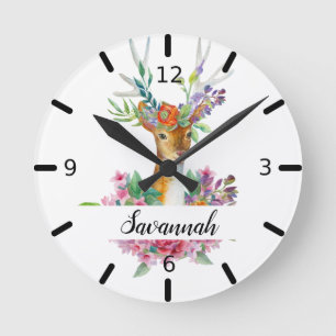 Personalized Floral Deer Ronde Klok