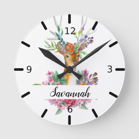 Personalized Floral Deer Ronde Klok (Voorkant)