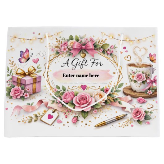 Personalized Floral Gift Bag With Custom Name Groot Cadeauzakje (Voorkant)